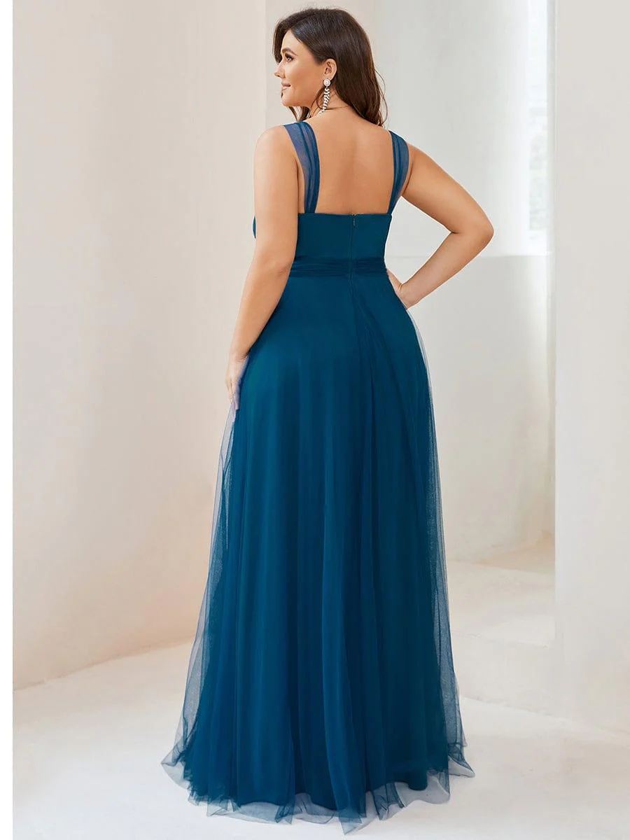Floor Length Double V Neck Tulle Bridesmaid Dresses - Image 12