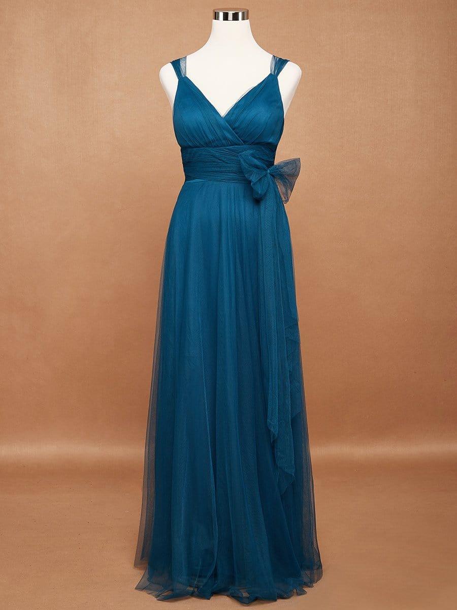 Floor Length Double V Neck Tulle Bridesmaid Dresses - Image 16