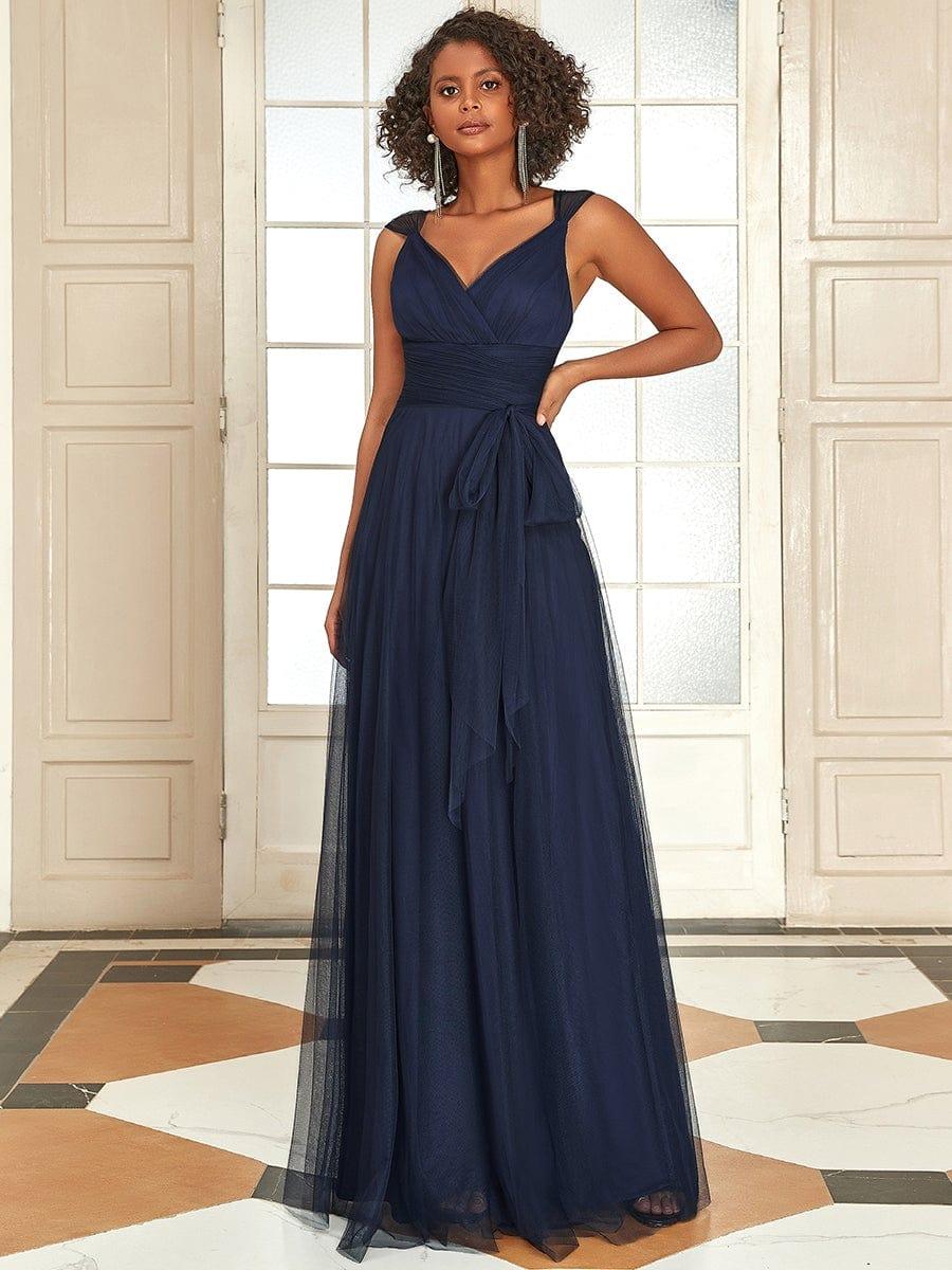 Floor Length Double V Neck Tulle Bridesmaid Dresses - Image 17