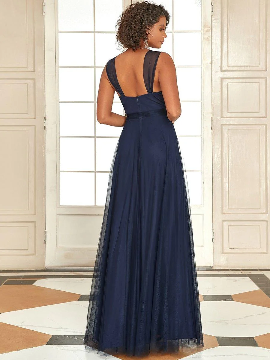 Floor Length Double V Neck Tulle Bridesmaid Dresses - Image 18