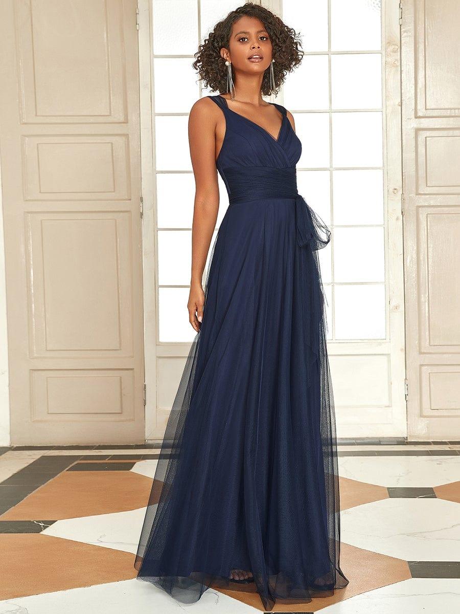 Floor Length Double V Neck Tulle Bridesmaid Dresses - Image 20