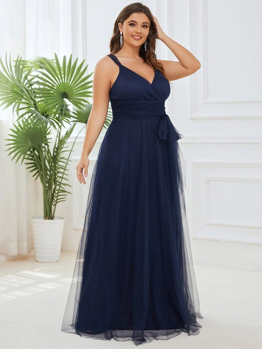 Floor Length Double V Neck Tulle Bridesmaid Dresses - Image 24