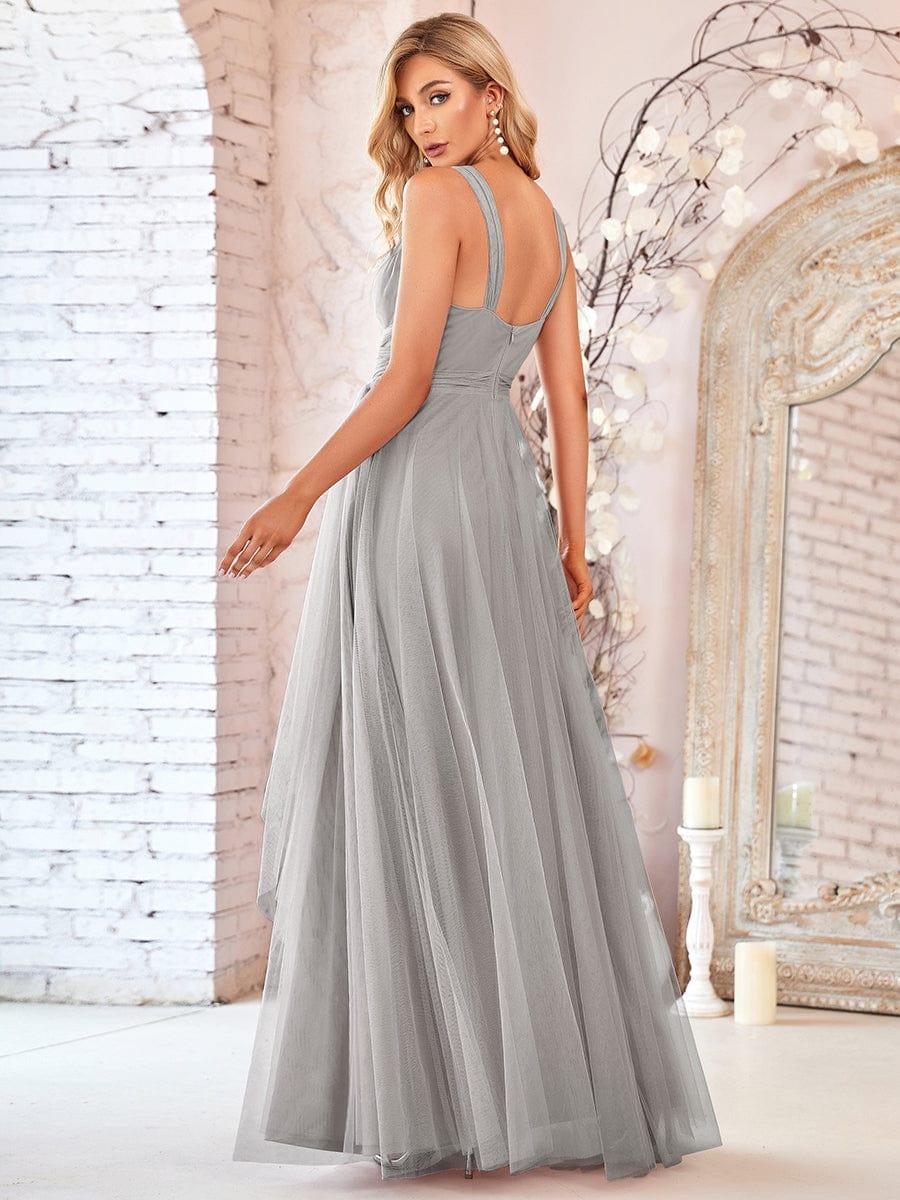 Floor Length Double V Neck Tulle Bridesmaid Dresses - Image 26