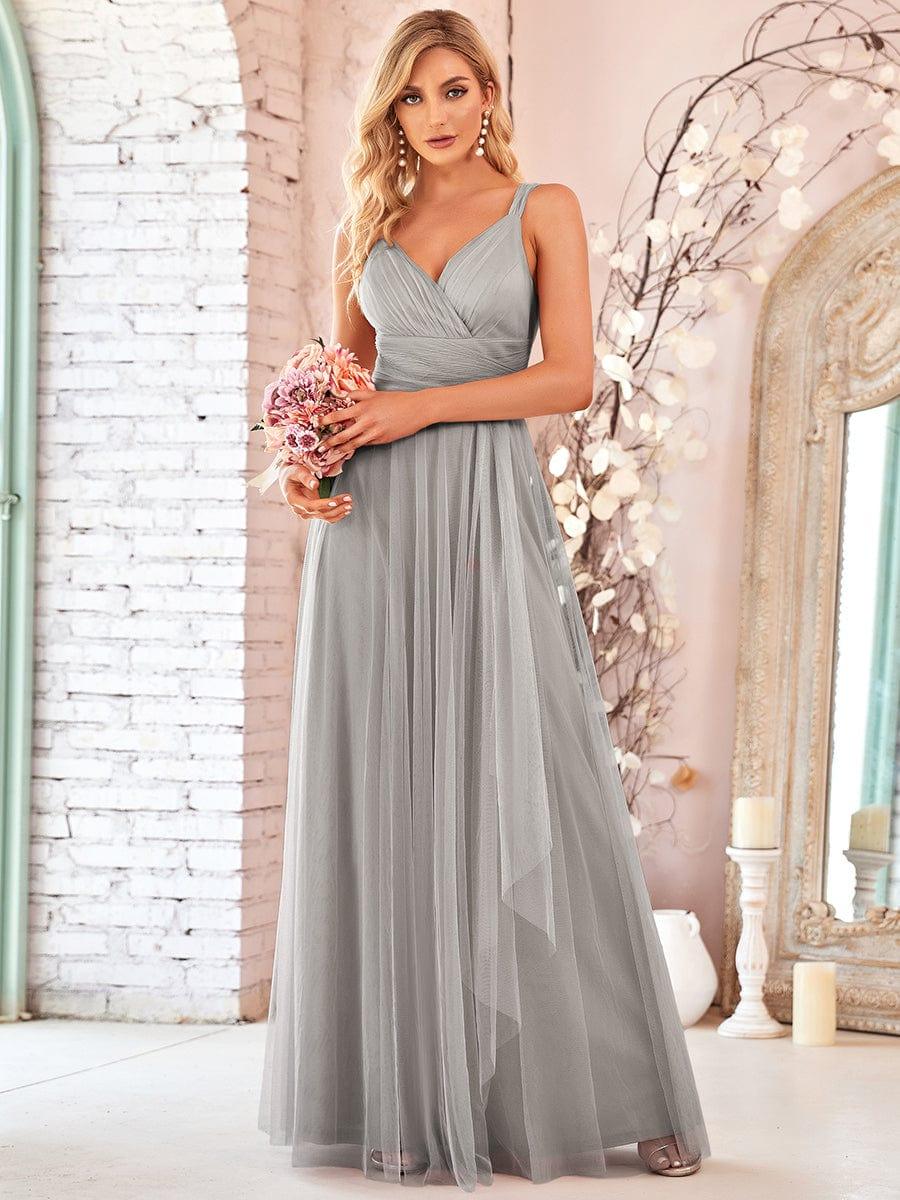 Floor Length Double V Neck Tulle Bridesmaid Dresses - Image 27