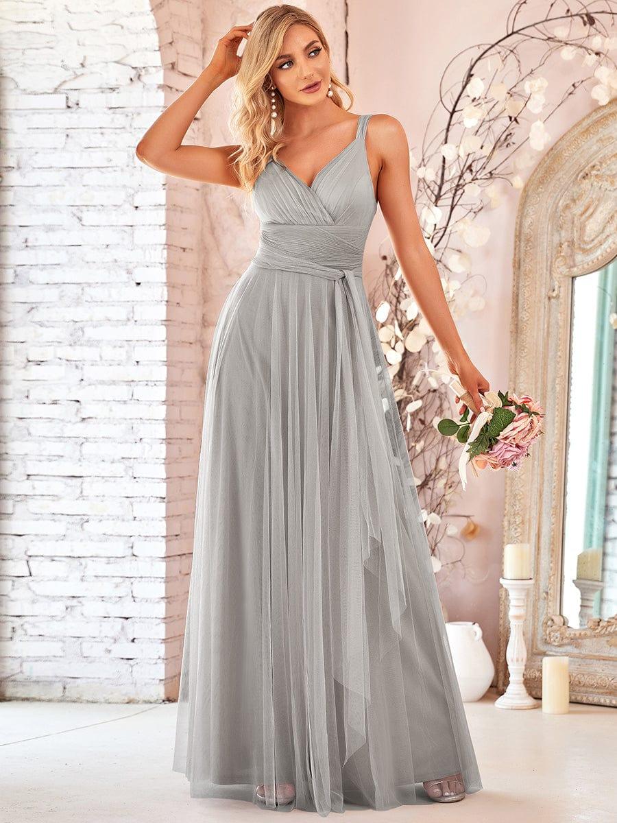 Floor Length Double V Neck Tulle Bridesmaid Dresses - Image 28