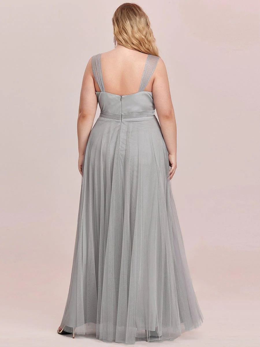 Floor Length Double V Neck Tulle Bridesmaid Dresses - Image 30