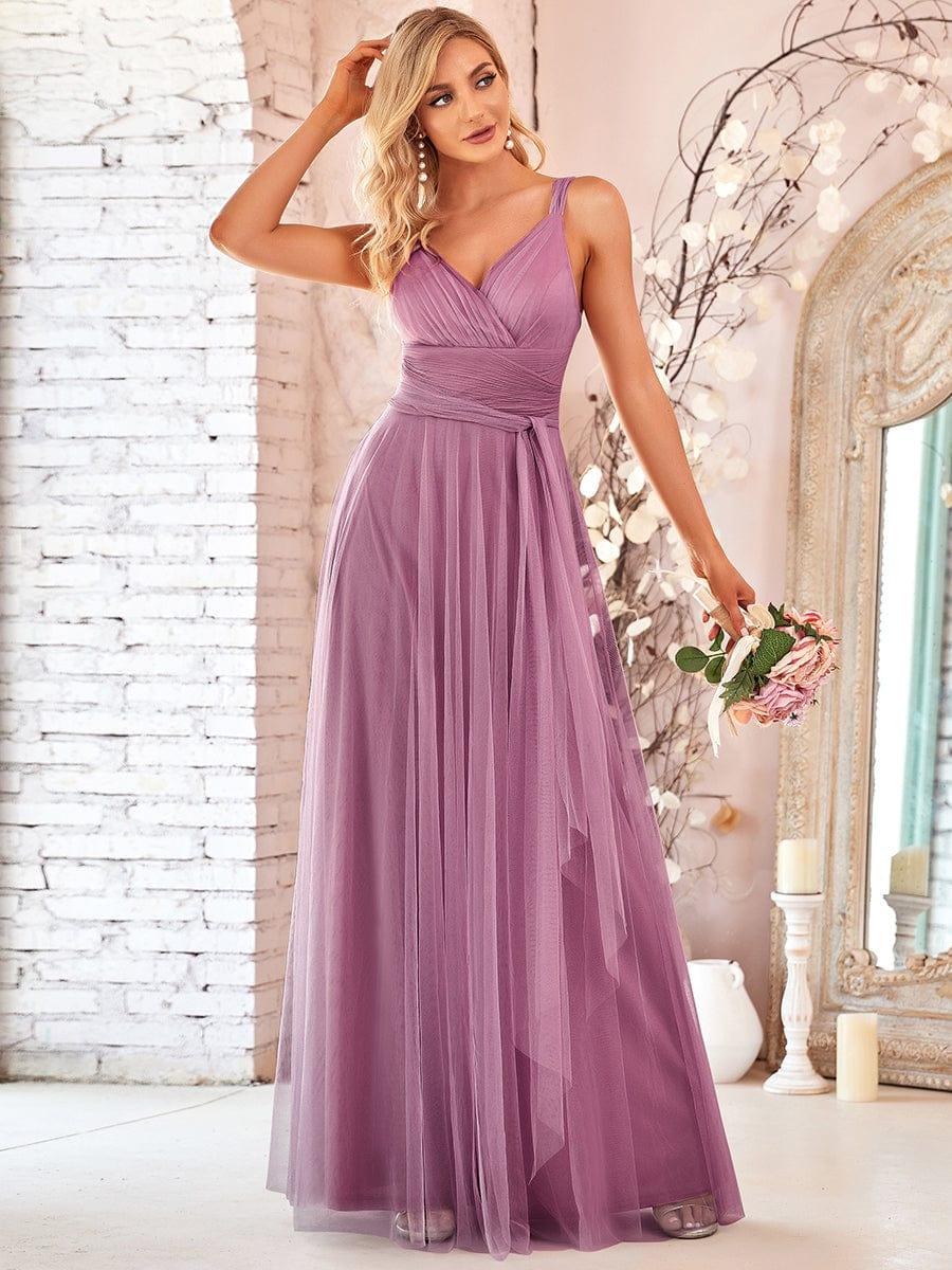 Floor Length Double V Neck Tulle Bridesmaid Dresses - Image 31