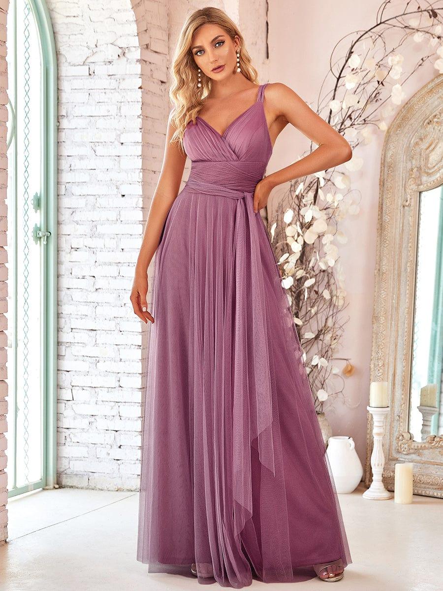 Floor Length Double V Neck Tulle Bridesmaid Dresses - Image 34