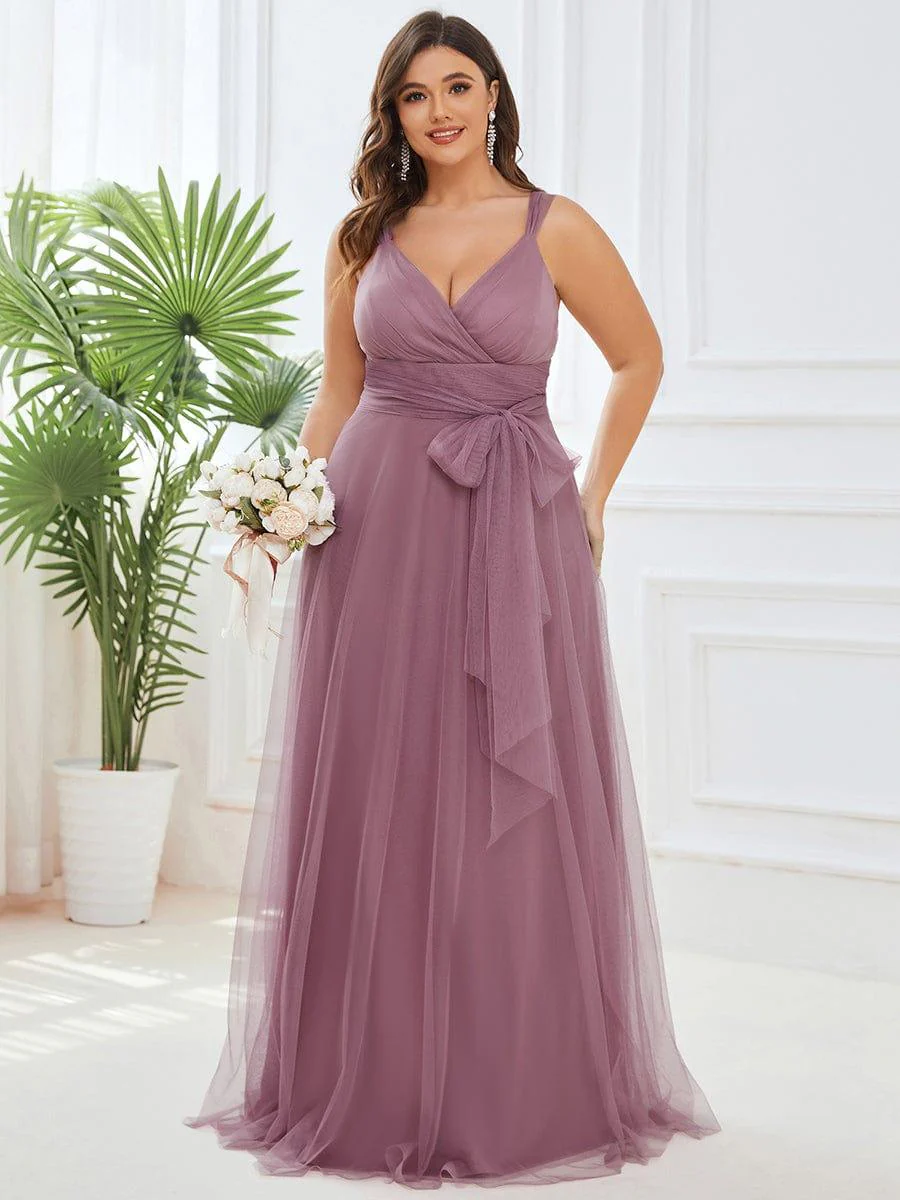 Floor Length Double V Neck Tulle Bridesmaid Dresses - Image 35