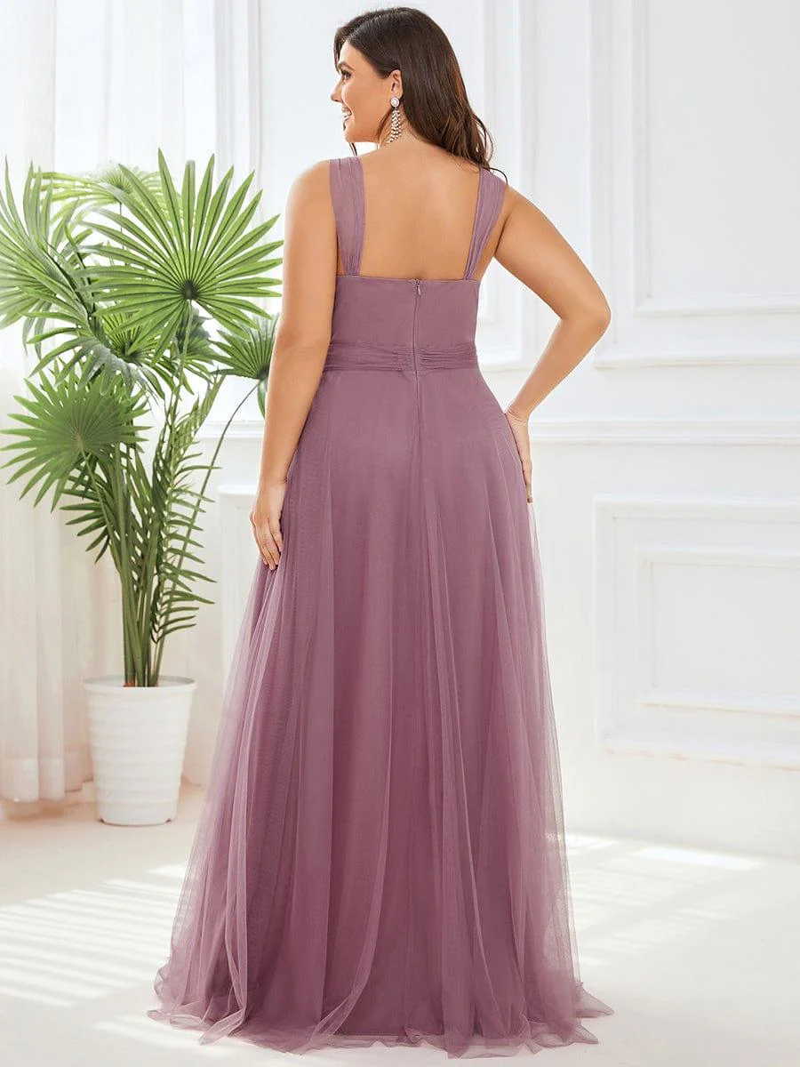 Floor Length Double V Neck Tulle Bridesmaid Dresses - Image 36