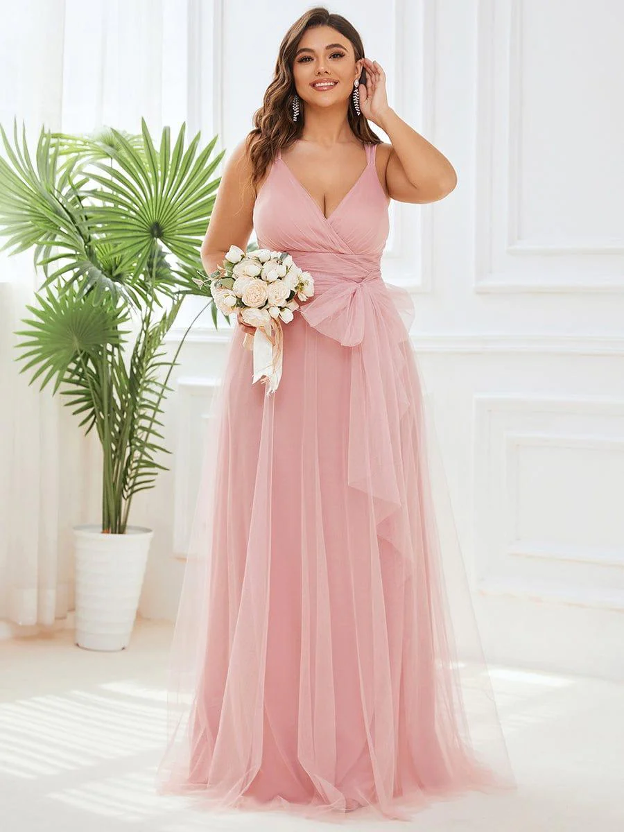 Floor Length Double V Neck Tulle Bridesmaid Dresses - Image 4