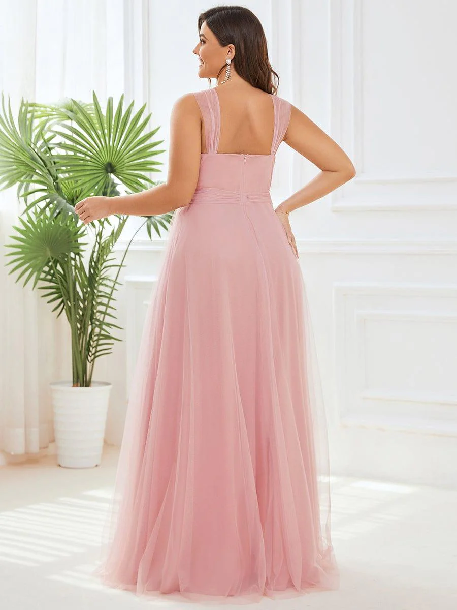 Floor Length Double V Neck Tulle Bridesmaid Dresses - Image 5