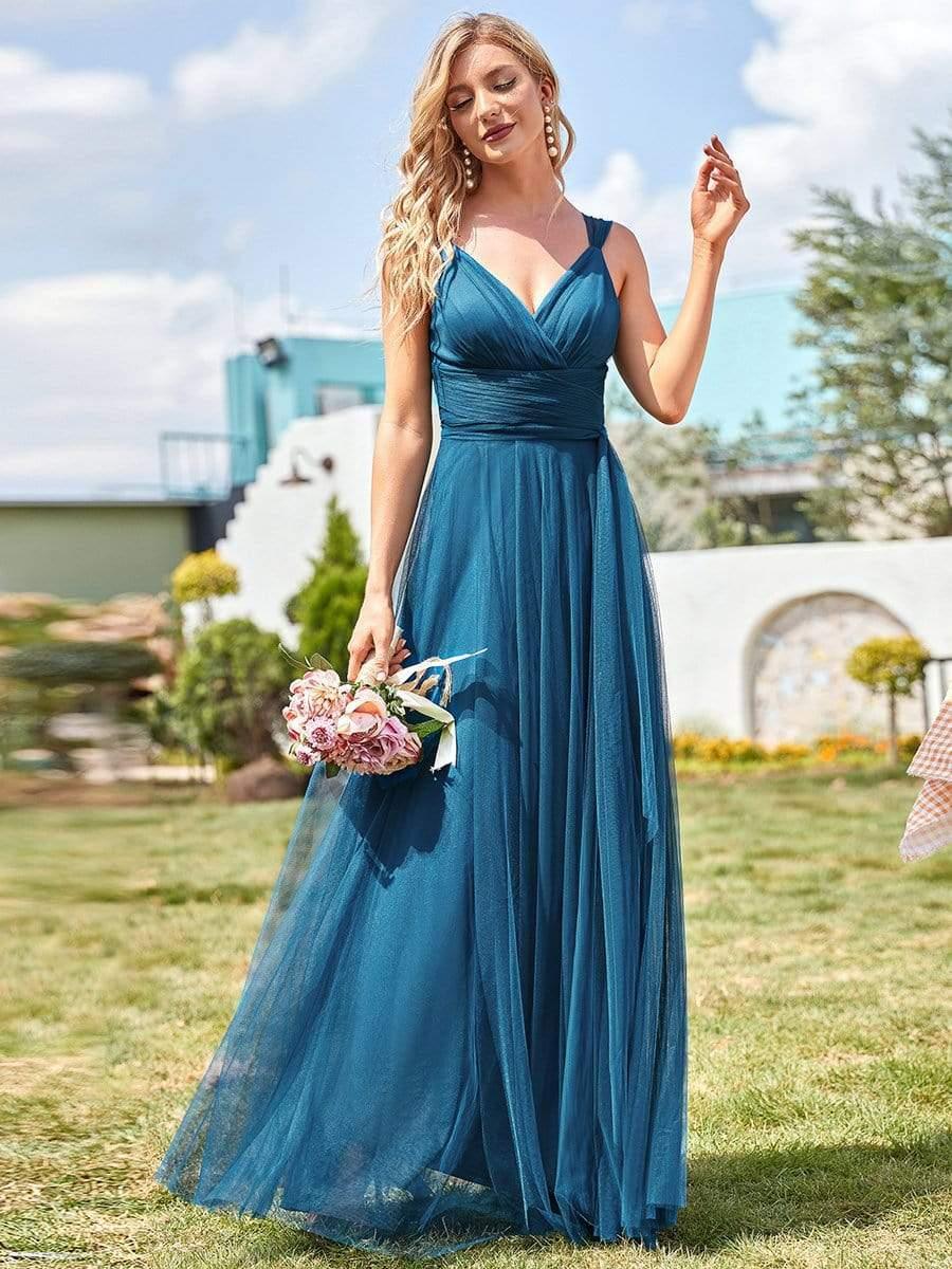 Floor Length Double V Neck Tulle Bridesmaid Dresses - Image 8
