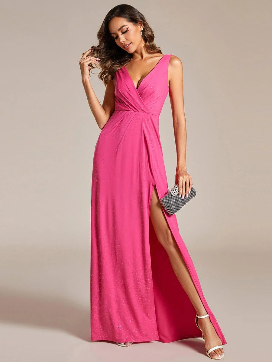 Floor Length V Neck Shimmery Evening Dresses with Side Split - Image 42