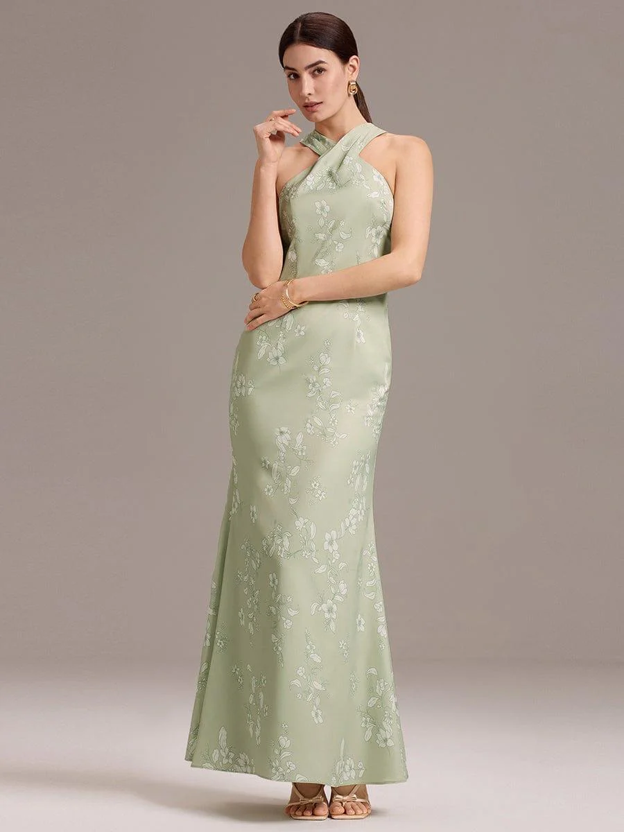 ever AZALEIA|Floral Cross Halter Mermaid Self-Tie Bow Back Maxi Satin Bridesmaid Dress - Image 6
