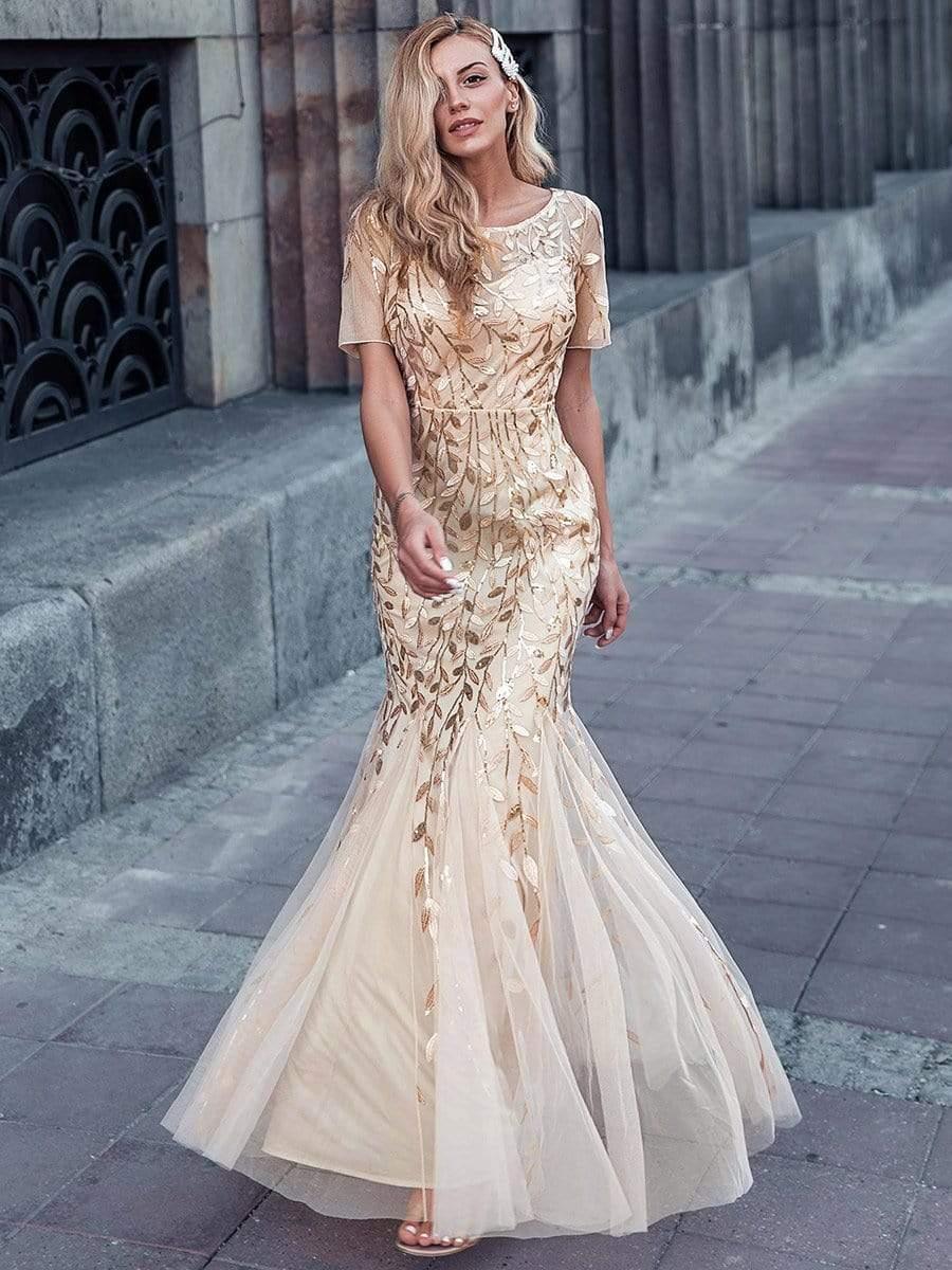 ever JADEN|Sequin Leaf Maxi Long Fishtail Tulle Prom Dresses With Half Sleeves - Image 15