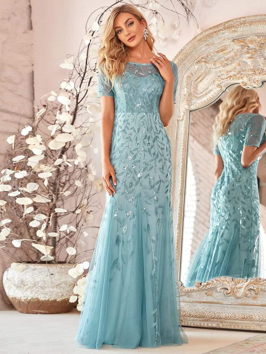 ever JADEN|Sequin Leaf Maxi Long Fishtail Tulle Prom Dresses With Half Sleeves - Image 21