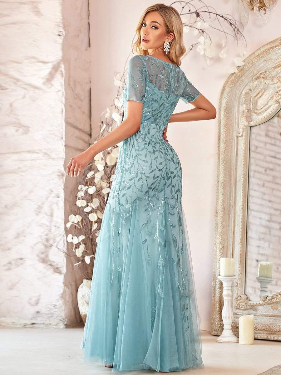 ever JADEN|Sequin Leaf Maxi Long Fishtail Tulle Prom Dresses With Half Sleeves - Image 22