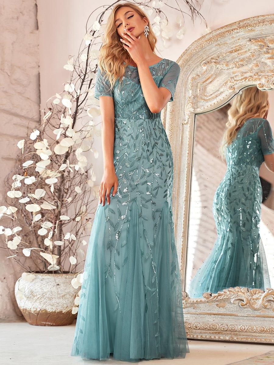 ever JADEN|Sequin Leaf Maxi Long Fishtail Tulle Prom Dresses With Half Sleeves - Image 23