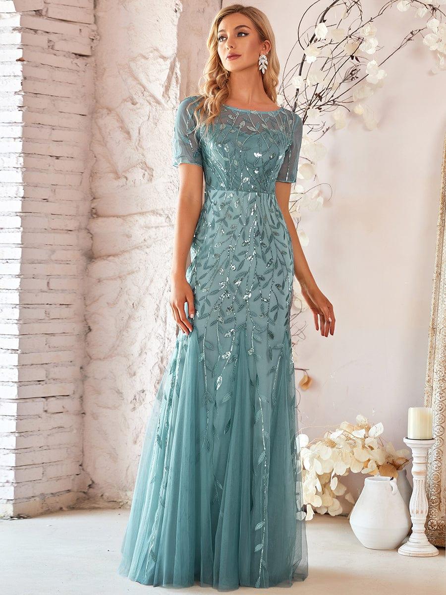 ever JADEN|Sequin Leaf Maxi Long Fishtail Tulle Prom Dresses With Half Sleeves - Image 24