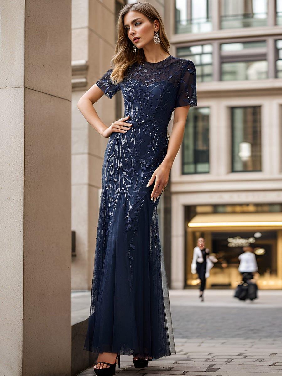 ever JADEN|Sequin Leaf Maxi Long Fishtail Tulle Prom Dresses With Half Sleeves - Image 9