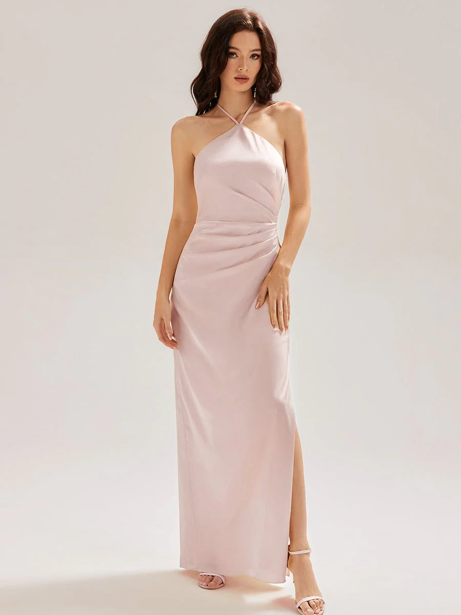 ever ELYS|Halter Satin Bridesmaid Dress with Drape Flower - Image 12