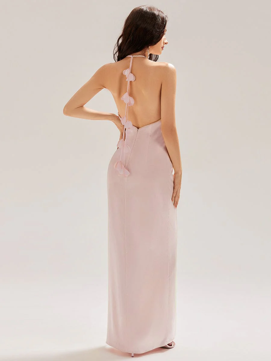 ever ELYS|Halter Satin Bridesmaid Dress with Drape Flower - Image 13