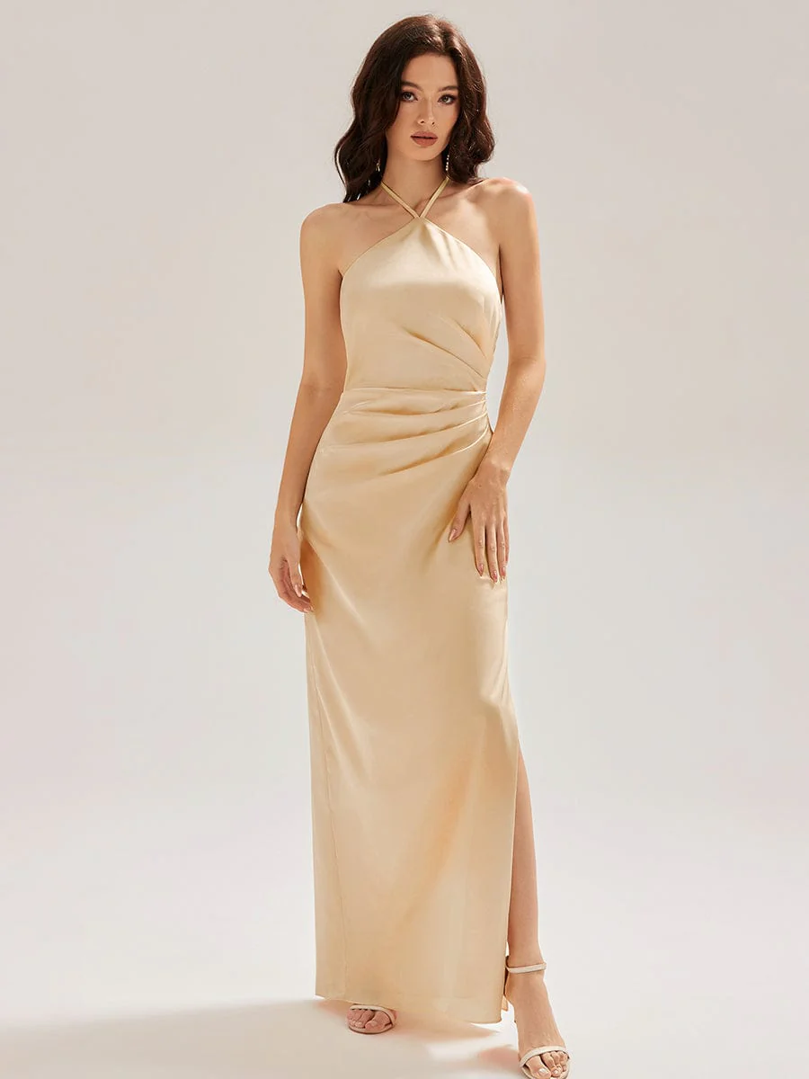 ever ELYS|Halter Satin Bridesmaid Dress with Drape Flower - Image 15