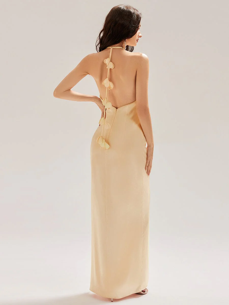 ever ELYS|Halter Satin Bridesmaid Dress with Drape Flower - Image 16