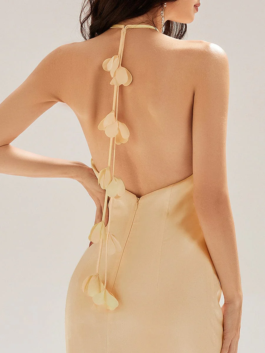 ever ELYS|Halter Satin Bridesmaid Dress with Drape Flower - Image 17