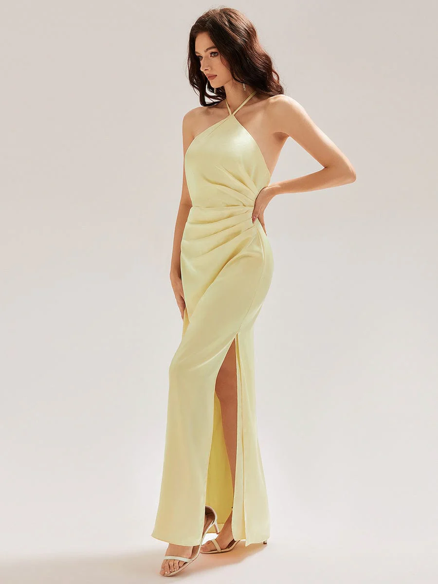 ever ELYS|Halter Satin Bridesmaid Dress with Drape Flower - Image 4
