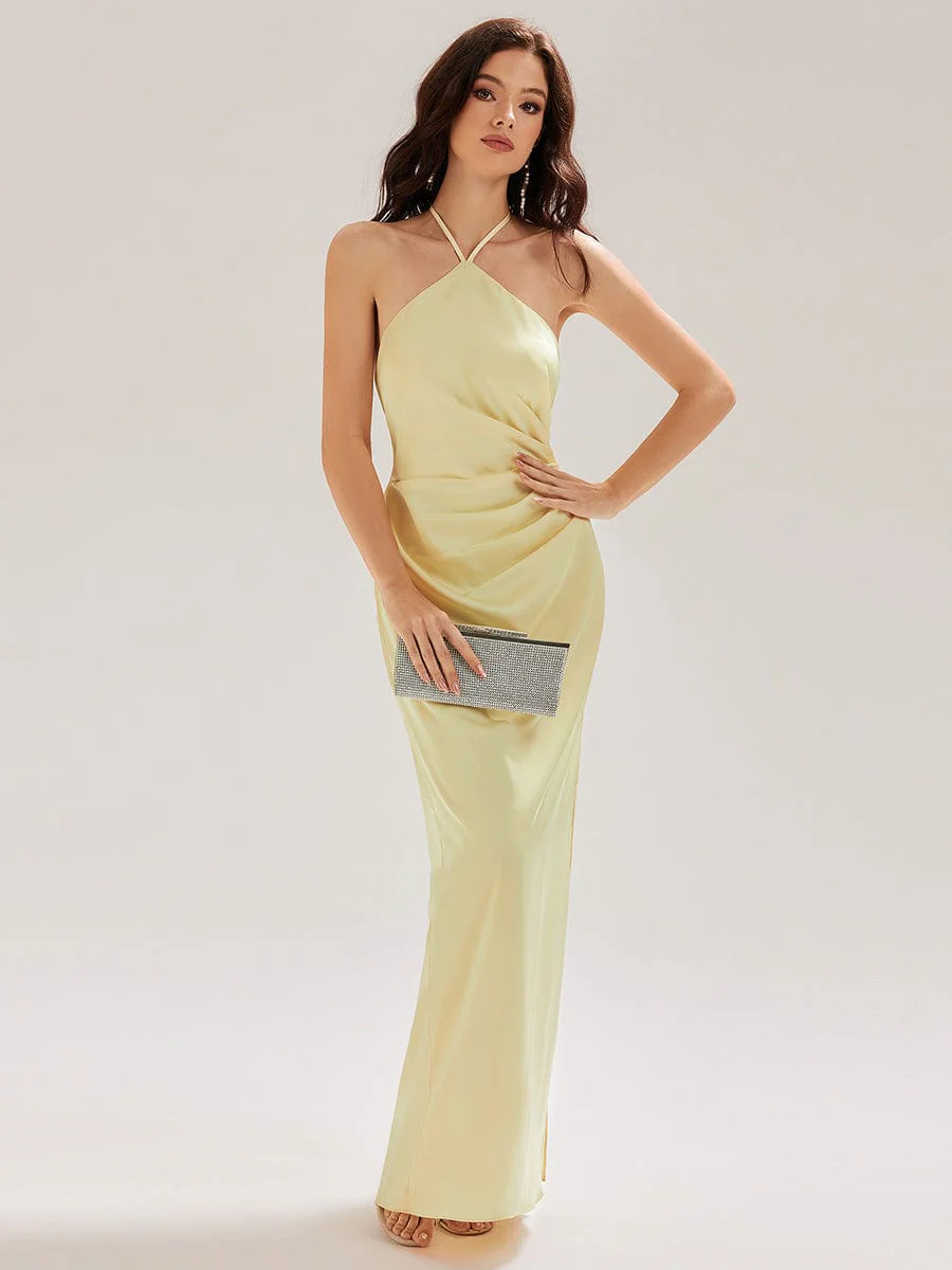 ever ELYS|Halter Satin Bridesmaid Dress with Drape Flower - Image 5