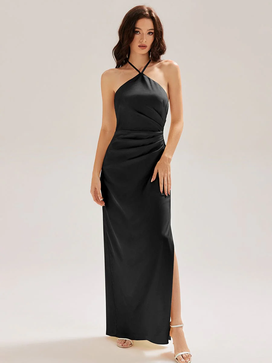 ever ELYS|Halter Satin Bridesmaid Dress with Drape Flower - Image 6