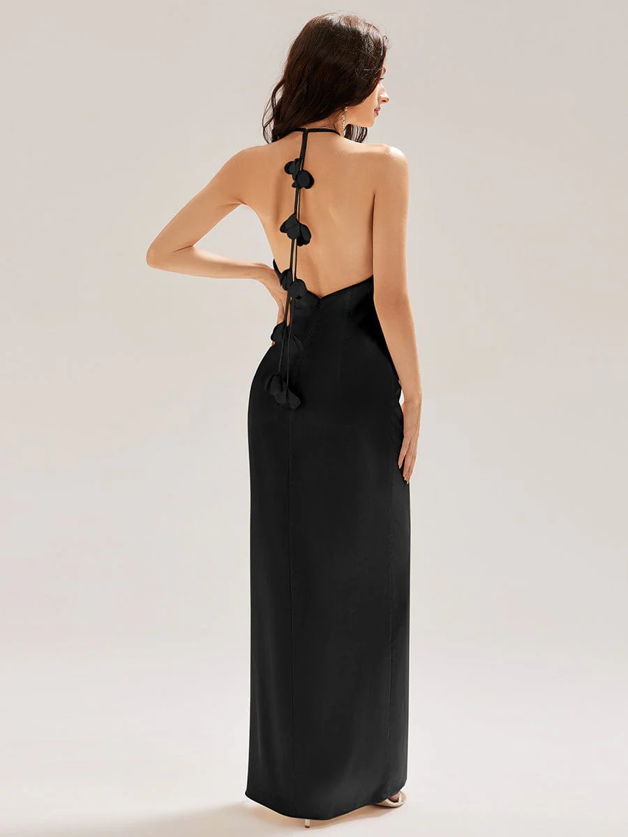 ever ELYS|Halter Satin Bridesmaid Dress with Drape Flower - Image 7