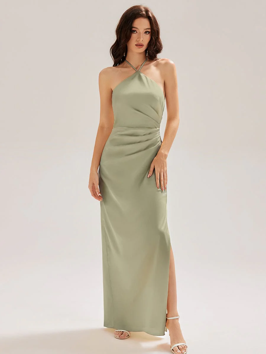 ever ELYS|Halter Satin Bridesmaid Dress with Drape Flower - Image 9