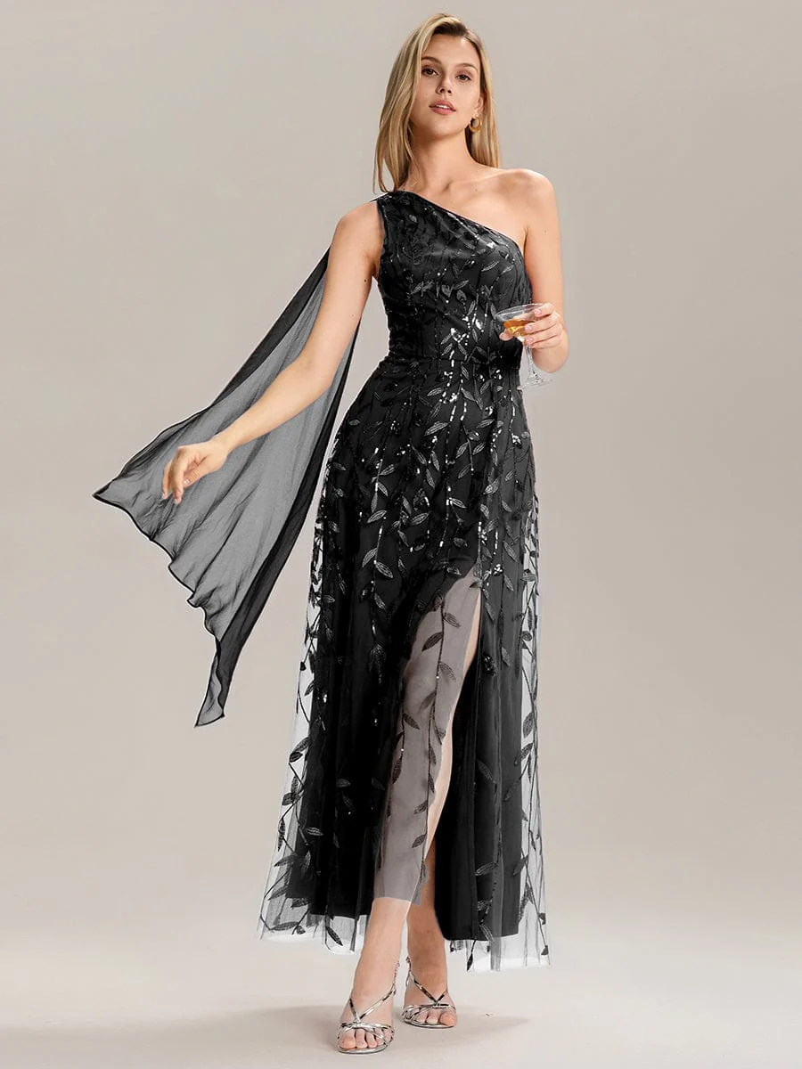 Flowing Ribbons One Shoulder Sequin Guest Dress - Image 10