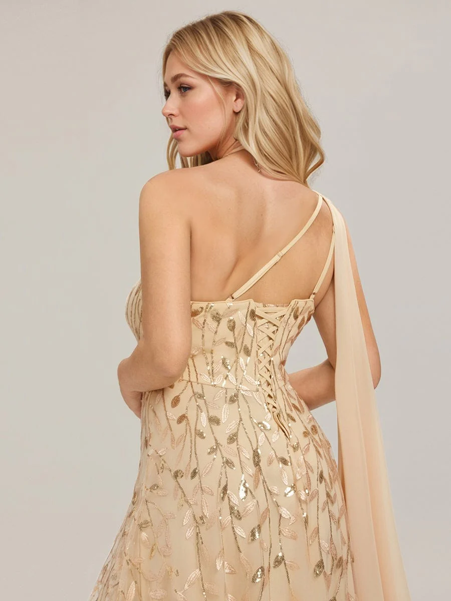 Flowing Ribbons One Shoulder Sequin Guest Dress - Image 16