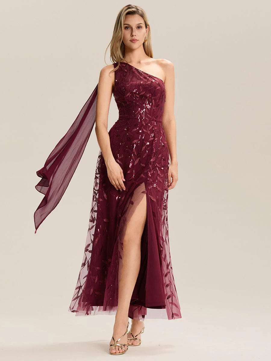 Flowing Ribbons One Shoulder Sequin Guest Dress - Image 4