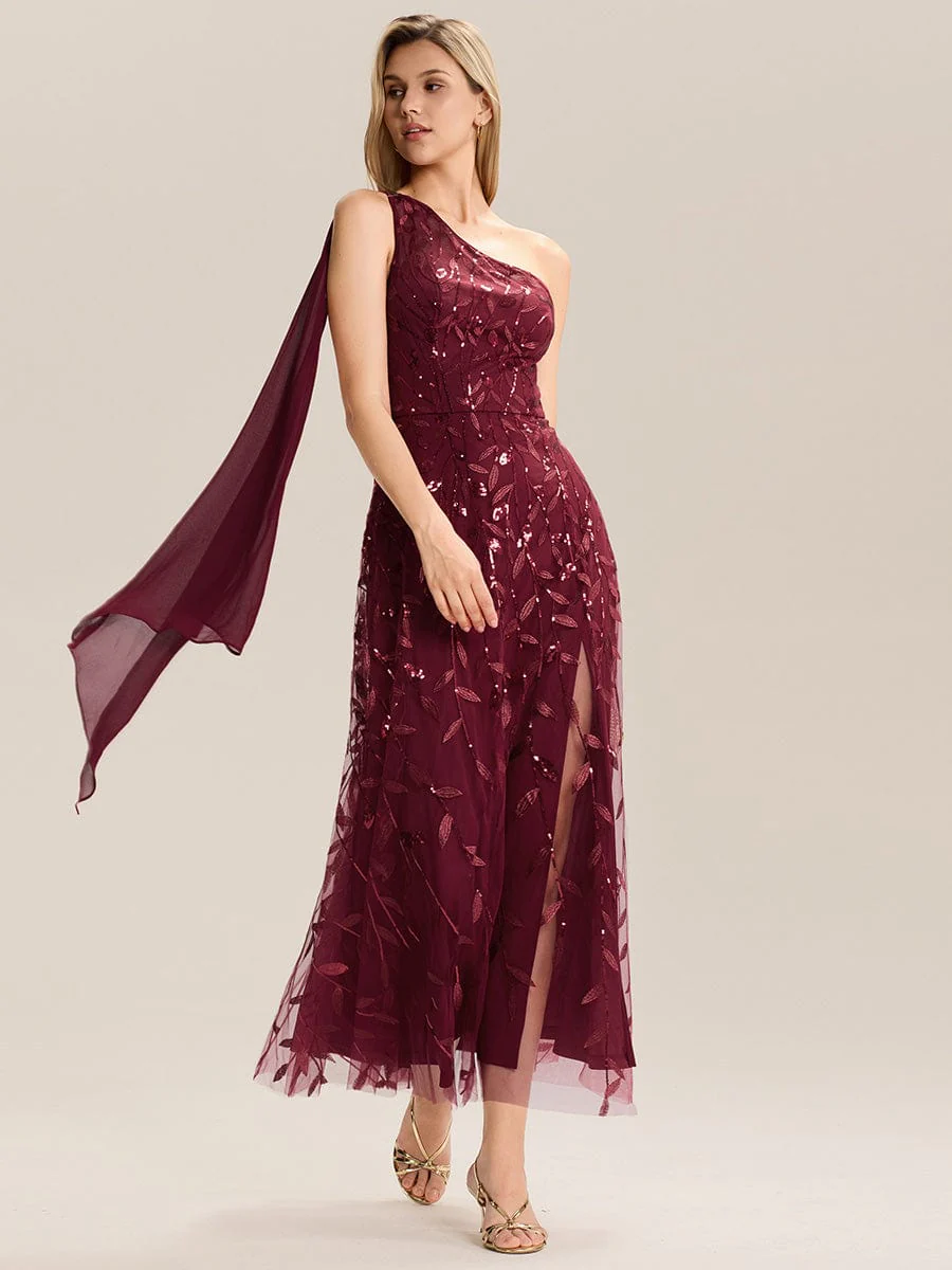 Flowing Ribbons One Shoulder Sequin Guest Dress - Image 8