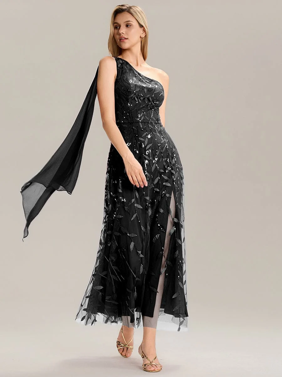 Flowing Ribbons One Shoulder Sequin Guest Dress - Image 9