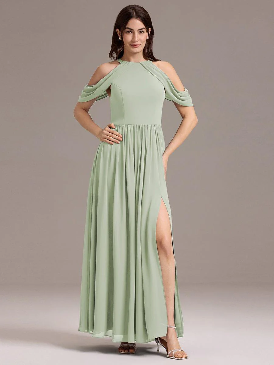 ever CERES|High Slit Cold Shoulder Halter Maxi Chiffon Bridesmaid Dress - Image 11