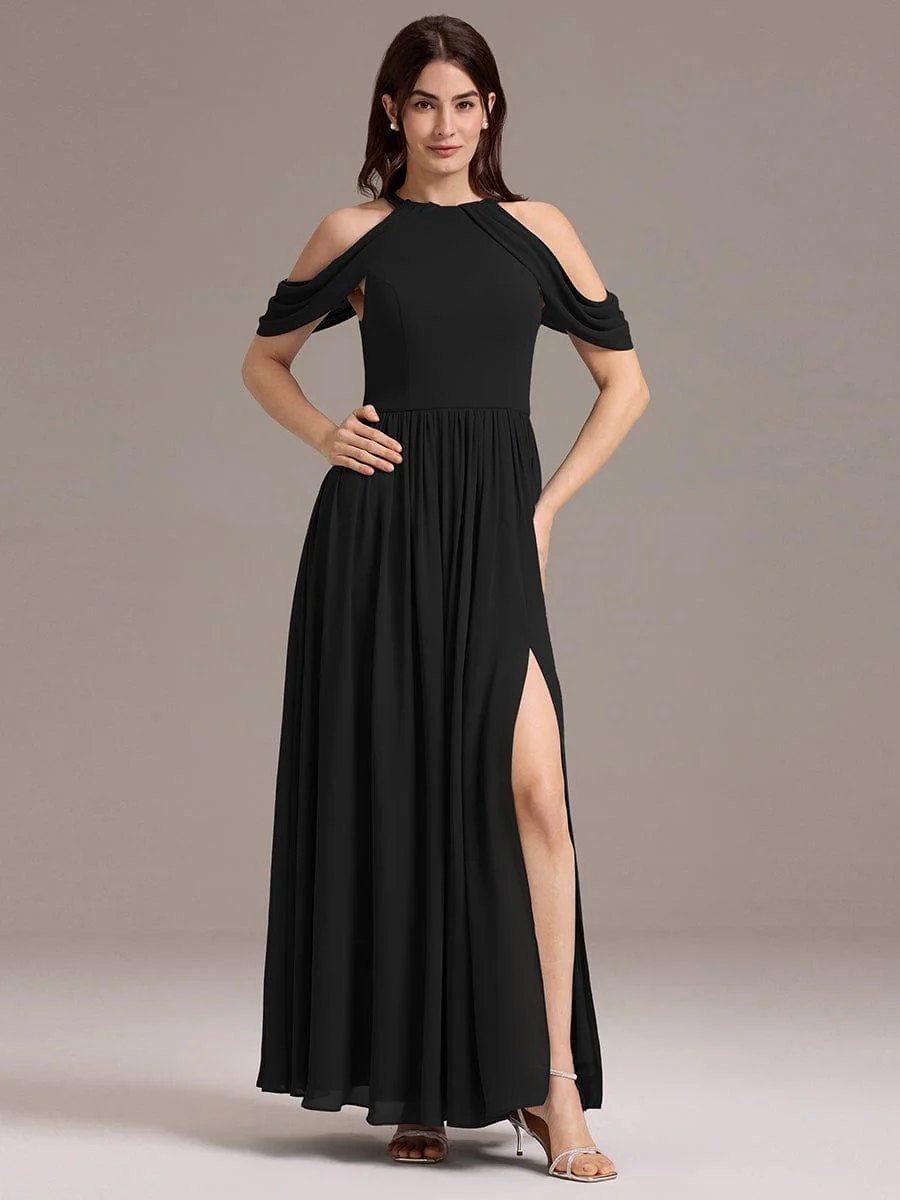 ever CERES|High Slit Cold Shoulder Halter Maxi Chiffon Bridesmaid Dress - Image 16