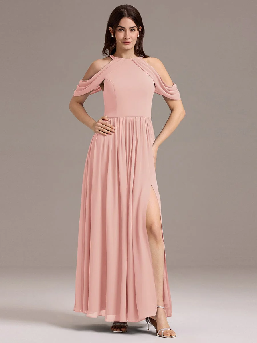ever CERES|High Slit Cold Shoulder Halter Maxi Chiffon Bridesmaid Dress - Image 21