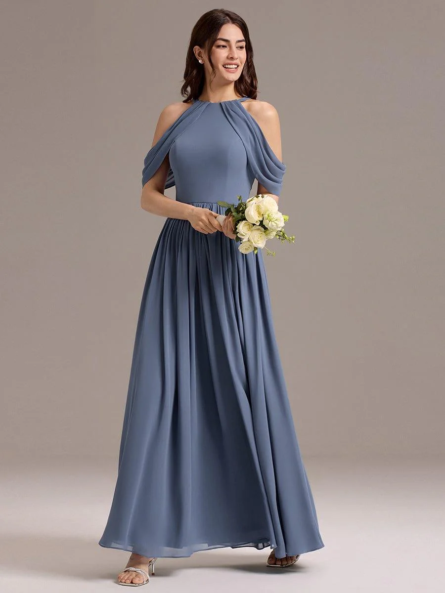 ever CERES|High Slit Cold Shoulder Halter Maxi Chiffon Bridesmaid Dress - Image 4