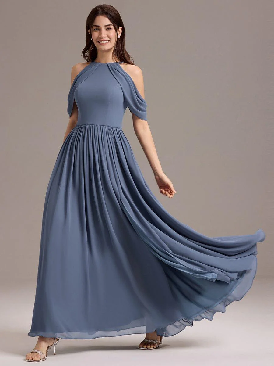 ever CERES|High Slit Cold Shoulder Halter Maxi Chiffon Bridesmaid Dress - Image 5