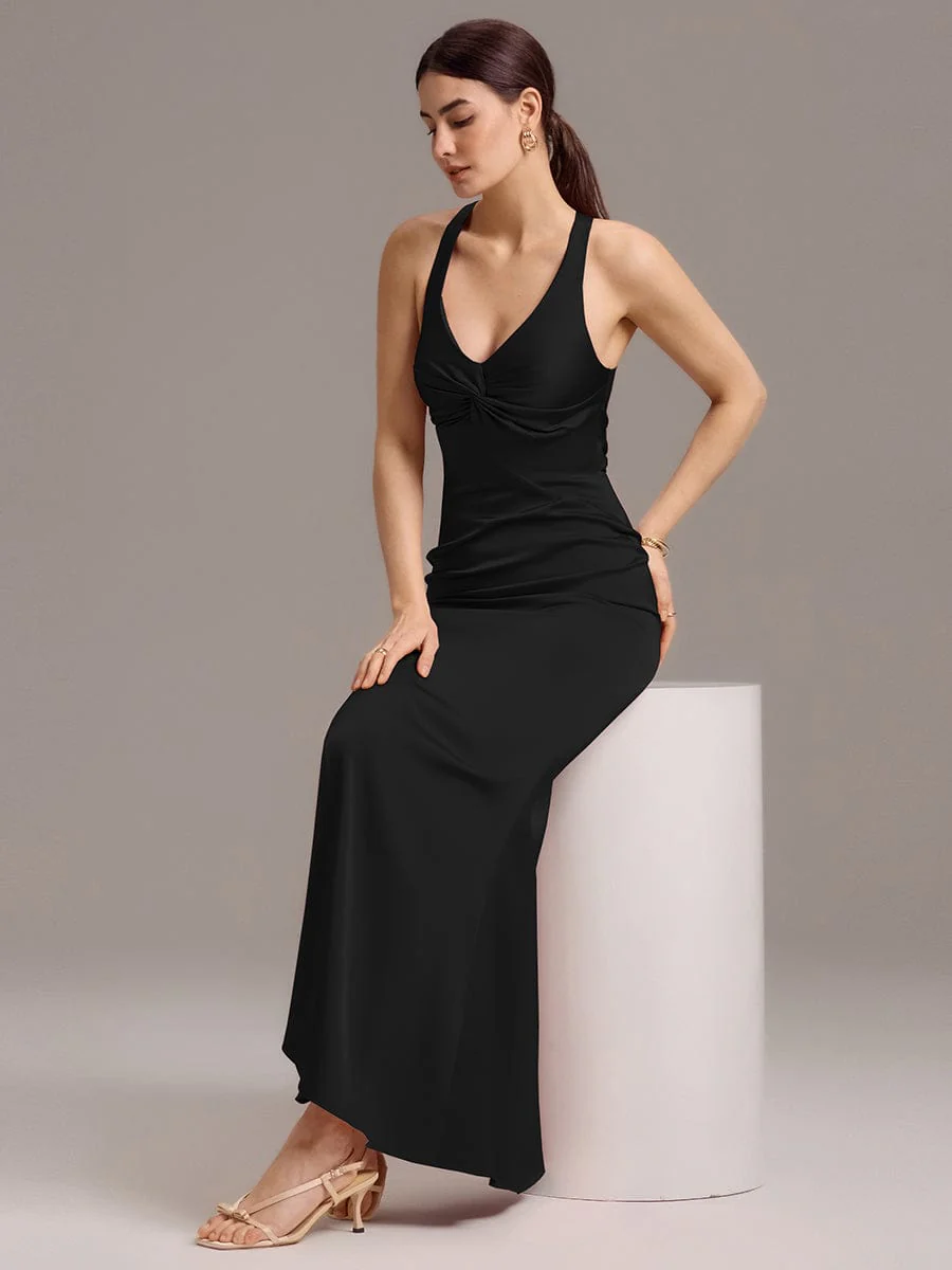 ever MINTA|Knot Front Mermaid Cross Back Bow Tie Satin Maxi Bridesmaid Dress - Image 25