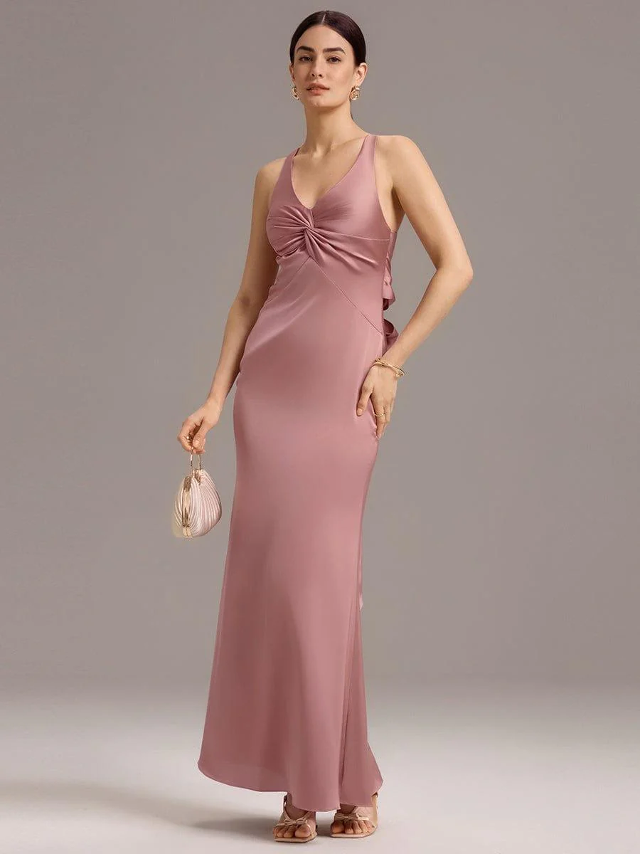 ever MINTA|Knot Front Mermaid Cross Back Bow Tie Satin Maxi Bridesmaid Dress - Image 3
