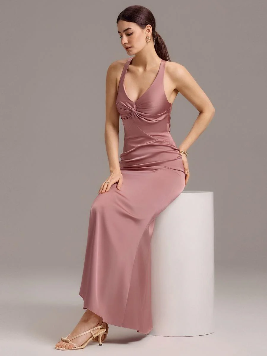 ever MINTA|Knot Front Mermaid Cross Back Bow Tie Satin Maxi Bridesmaid Dress - Image 5