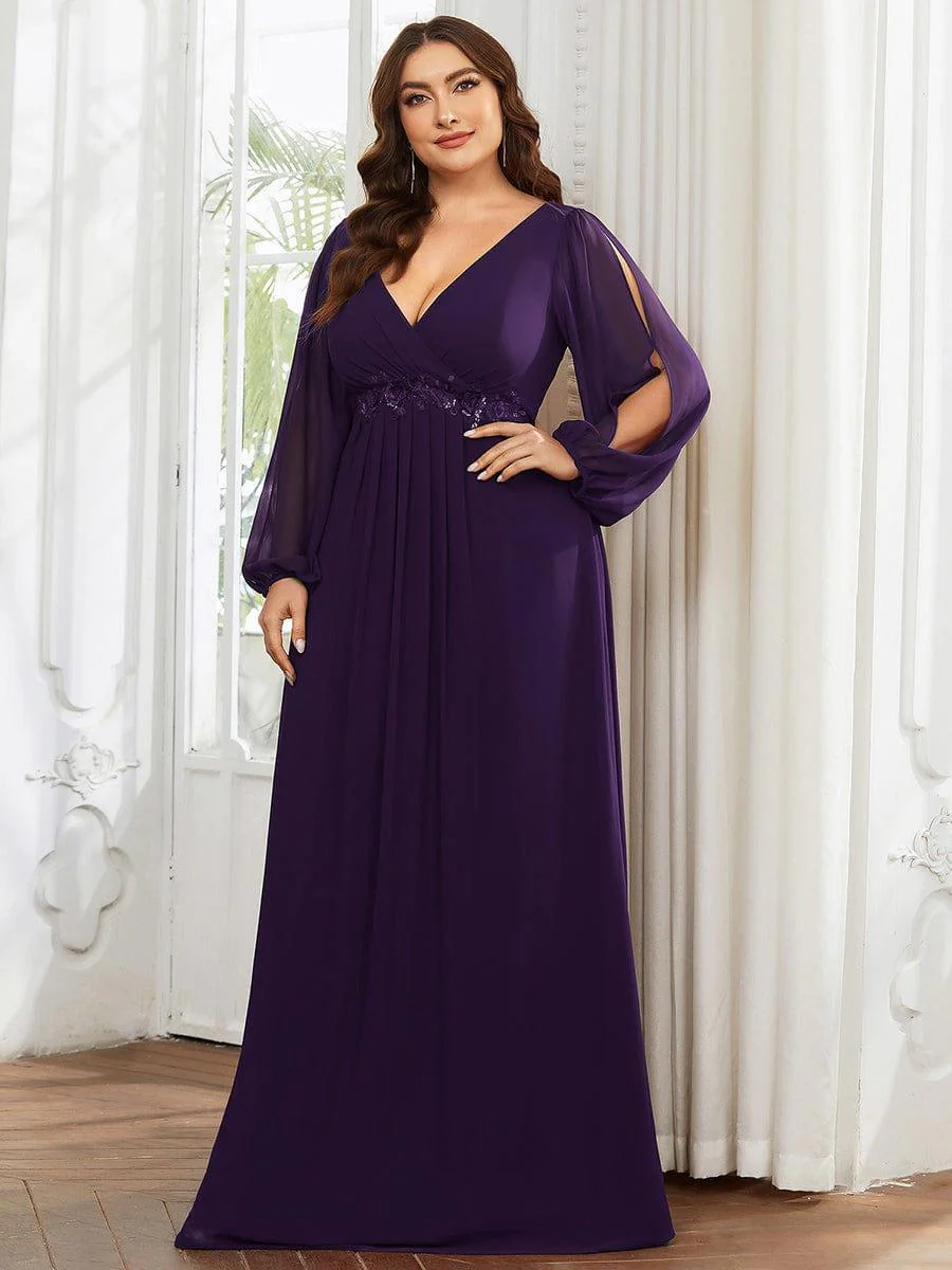ever AMOUR|Deep V Neck Long Wedding Guest Dress with Long Sleeves - Image 100