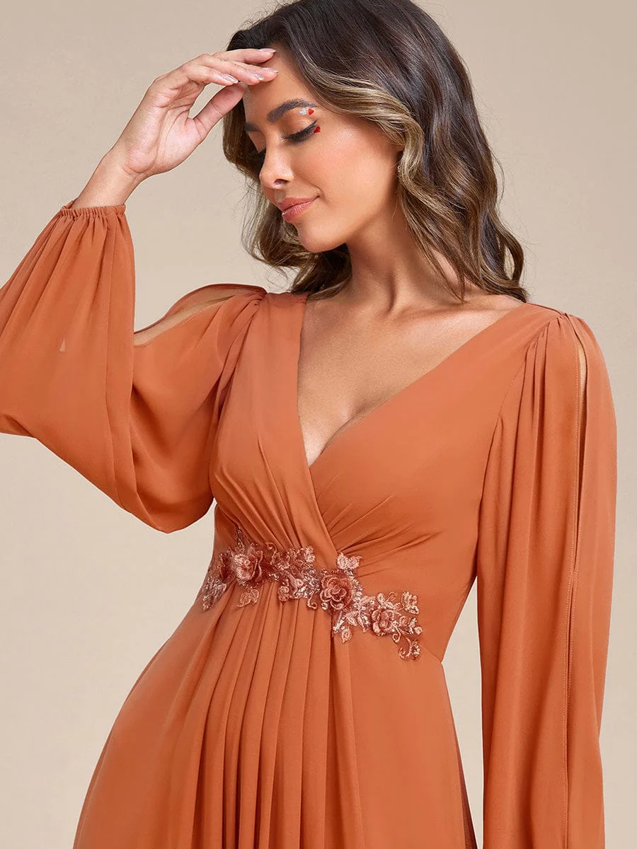 ever AMOUR|Deep V Neck Long Wedding Guest Dress with Long Sleeves - Image 111